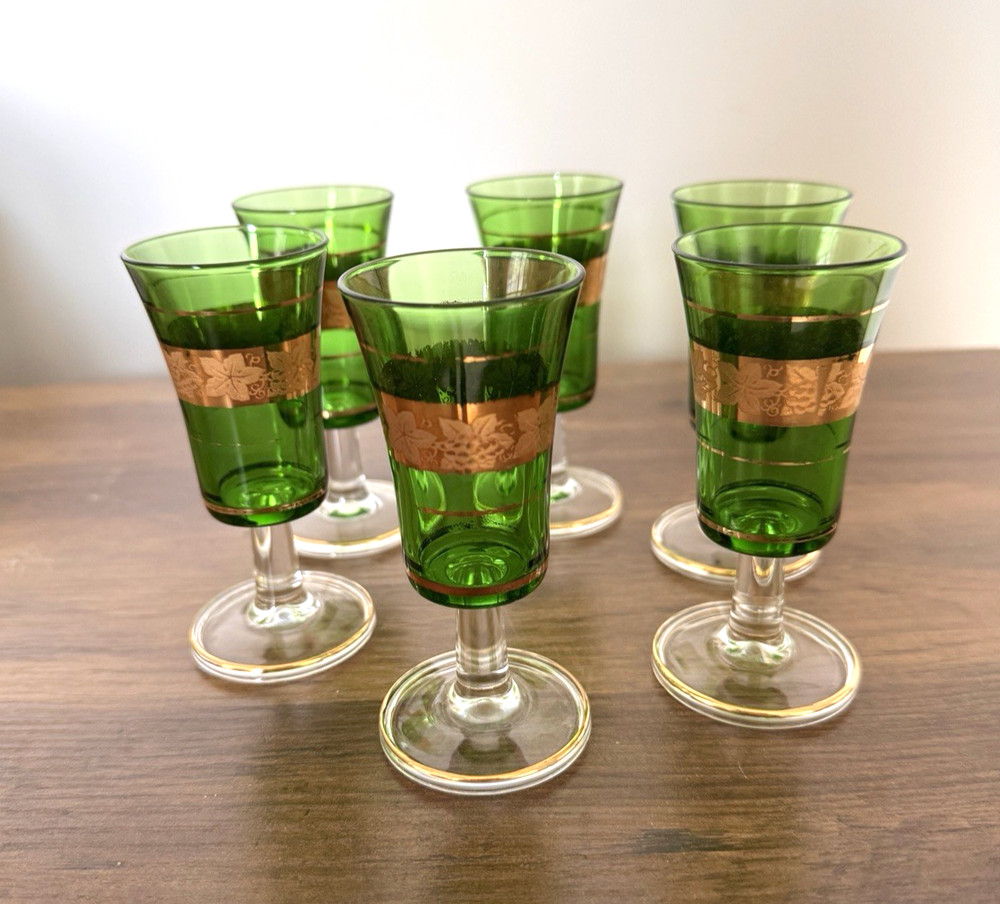 Set of 6 Cordial Glasses-Emerald Green w Gold Grape Pattern-Italy-Vtg 1960s