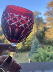 Vintage Bohemian Crystal Red Cut to Clear Wine Glass – Diamond Pattern 8.5” Tall