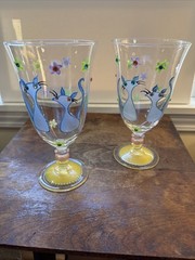 Two Hand Painted And Jeweled Artesian Signed Glass Goblet Floral And Blue Cats