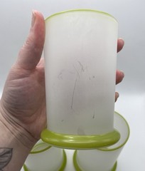 Set of 4 Vintage Frosted Glass Tumblers Green Rim & Base Mid-Century – 5” MCM