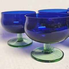 6 BLOCK CAPERS Champagne Sherbert COBALT BLUE GREEN STEM 3.75″ Tall EUC