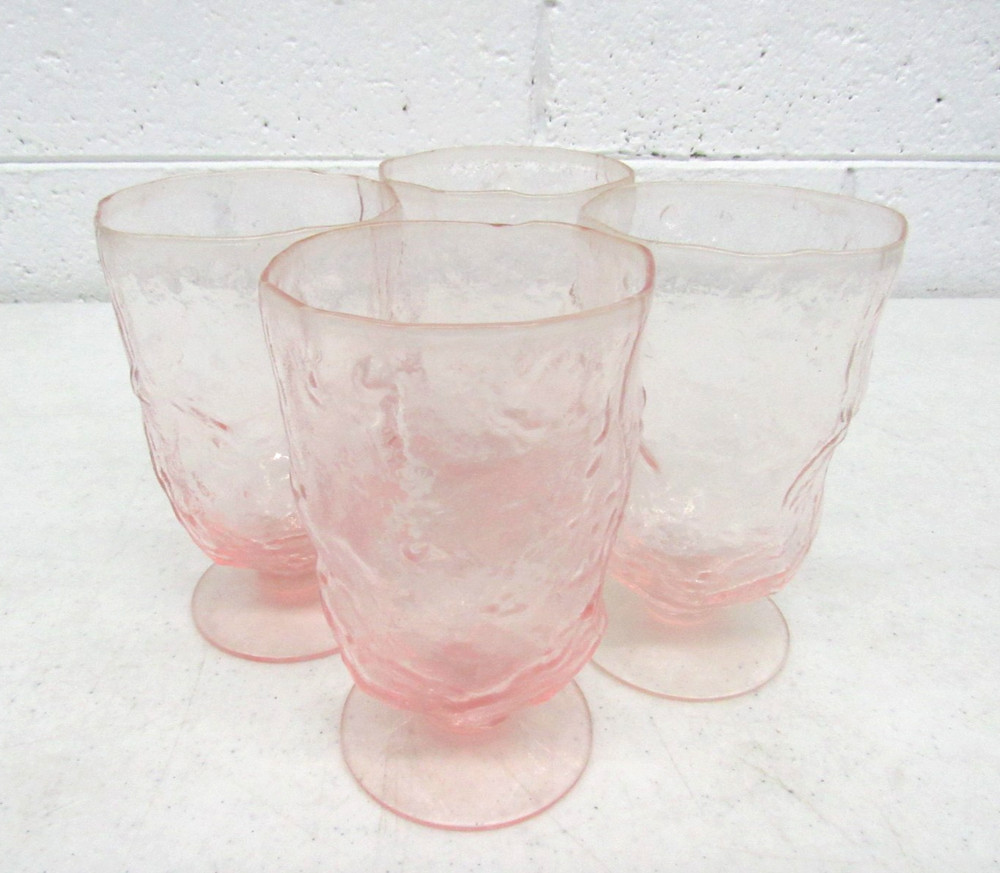 Seneca Glass Pink Clear Driftwood Crinkle 5″ Footed Tumbler Glasses Set of 4