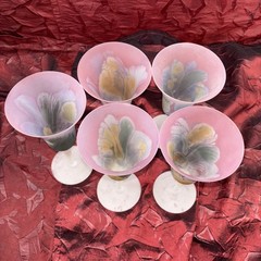 Rueven By Nouveau Art Glass Co. Flared Bowl Wine Glass Hand Painted Frosted 5 Pc