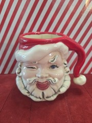 Vintage Santa Claus Mug Hand Painted Ceramic Winking Face Hat 4in Signed Cracks