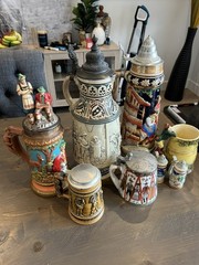 Vintage Gerz Germany Beer Stein Lot of 6 Pewter Lidded Ceramic Bavarian Collect