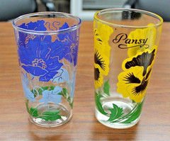2 Vintage PANSY Peanut Butter Drinking Glass & Blue Morning Glory Drinking Glass