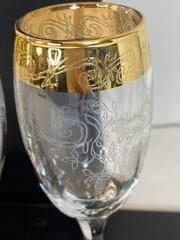 4 BERNINI Etched Crystal Stemware Cordial Glasses w/ wide 24K Gold Rim Italy 👀