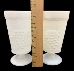 Set Of Two Anchor Hocking White Milk Glass Grape Pattern Footed Tumblers 5 3/4”