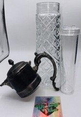 Vintage Diamond Cut Patten Glass Carafe with Ice Tube & Ornate Silver Plate Lid