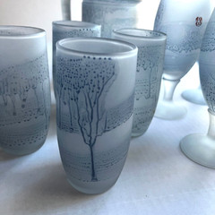 Vtg Hebron Glass Set 10 pc Hand Painted Blue Pitcher Tumblers Tulip Stem Frosted