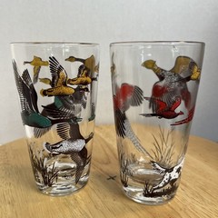 Vintage 1950s MCM Hazel Atlas Glass 2pcSet Hunting Dog Pheasant Duck Cabin Decor
