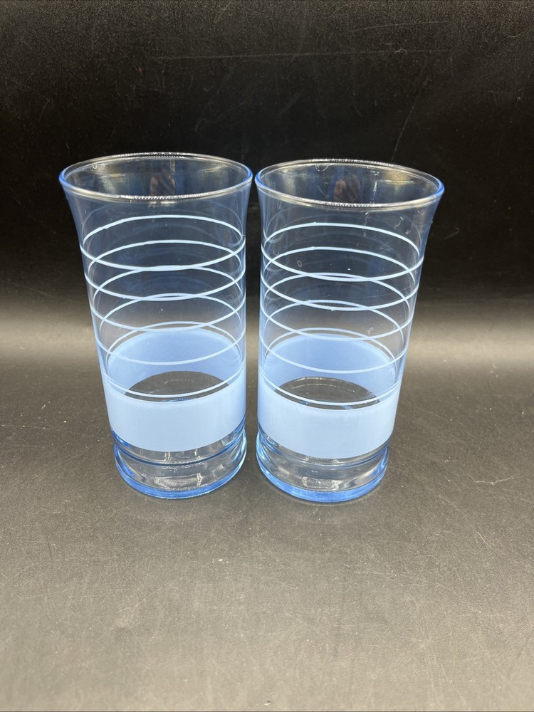 Vintage Libbey Glasses Tumblers 6” Periwinkle Blue Striped 2 pc 12 oz