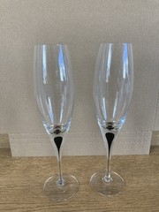 Orrefors Intermezzo Black Drop Champagne Flutes (2) Swedish Crystal 9 3/4” Tall