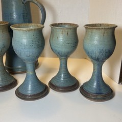 Vintage Hand Thrown Studio Pottery Pitcher and 6 Goblets – Dated 1976