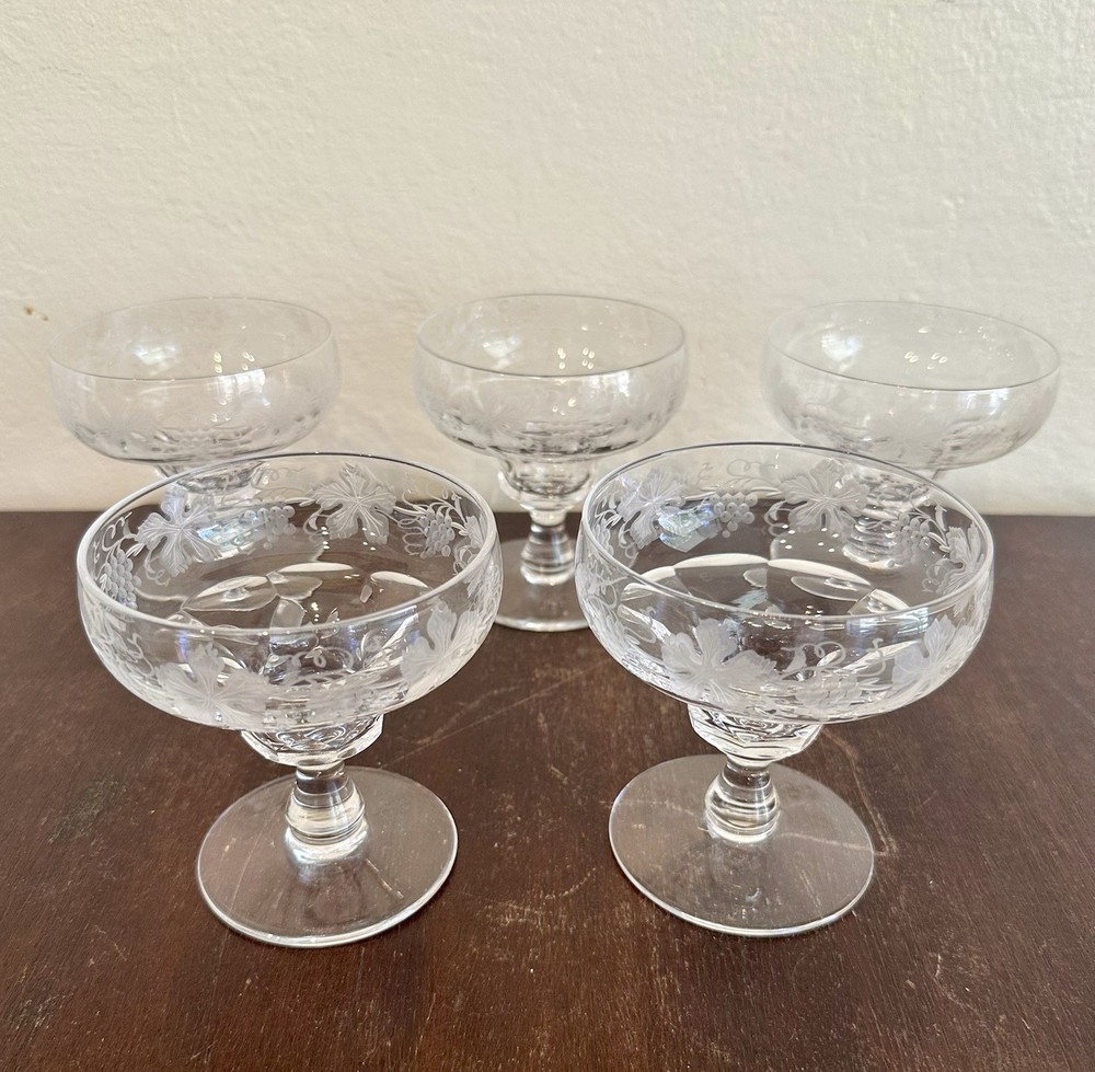 Vintage Set 5 Val St Lambert Vignes Crystal Tall Sherbet Champagne Glasses 4”H