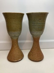 Pair Of Studio Art Pottery WINE GOBLETS 7.5″ H signed Winegar? Excellent