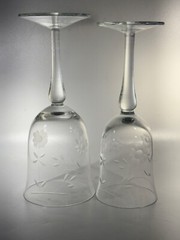 Clear,glass, etched flowers, red&white wine glasses