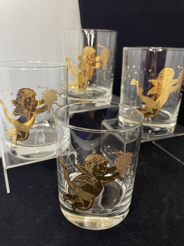 Vintage Culver Cherub Glasses, Set Of 4, Gold 22kt, Mid Century