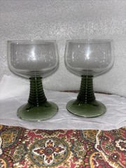 VTG Green and Clear Glass Ringed Bottom Stemware Wine Glasses