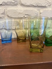 Set Of 8 Square Bottom Multicolored Glasses Mid Century 5.5” H