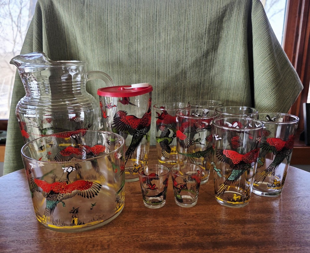 Hazel Atlas Pheasant Pitcher, 6 Glasses, 2 Shot Glasses, Shaker+lid & Ice Bucket