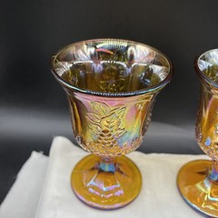 4 VTG Indiana Glass Iridescent Marigold Carnival Glass Harvest Grape Goblets Set