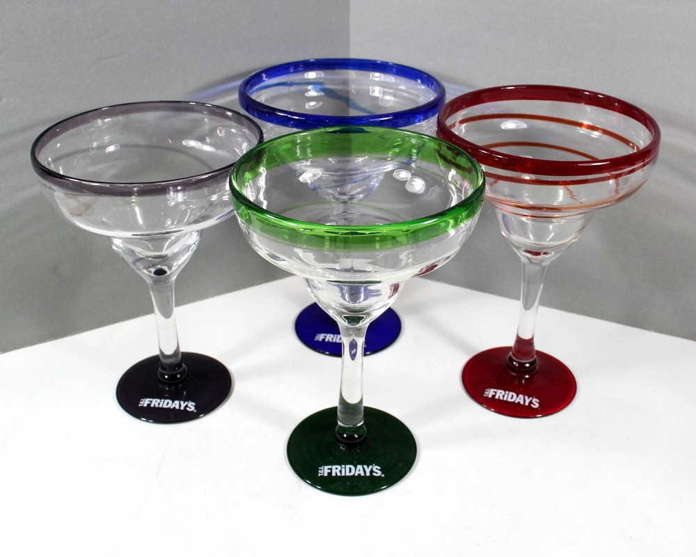 Four Vintage TGIFriday’s Margarita Glasses with Logo Blue Green Purple Red 8″H