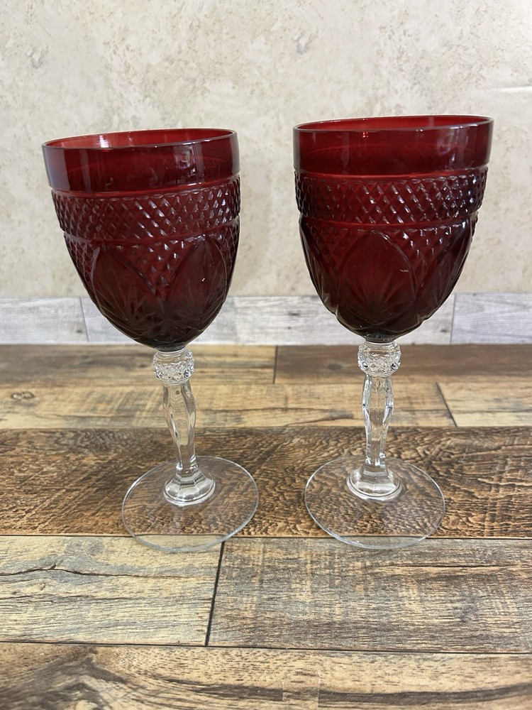 2 Cristal d’Arques Durand Antique Ruby Red Gothic Wine Water Goblets Glasses 8”