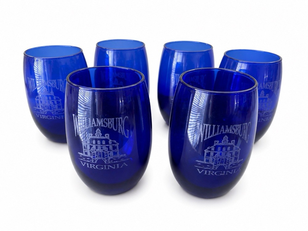 6 Cobalt Blue Etched Design Williamsburg Virginia Short Glasses Governors Palace