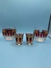 4pc MCM Culver Cranberry Gold Scroll Barware Set – 2 Shot Glasses & 2 Low Ball