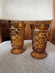 Vintage Set of 2 Indiana Glass Whitehall Cubist 6″ Tall Footed Glasses Amber