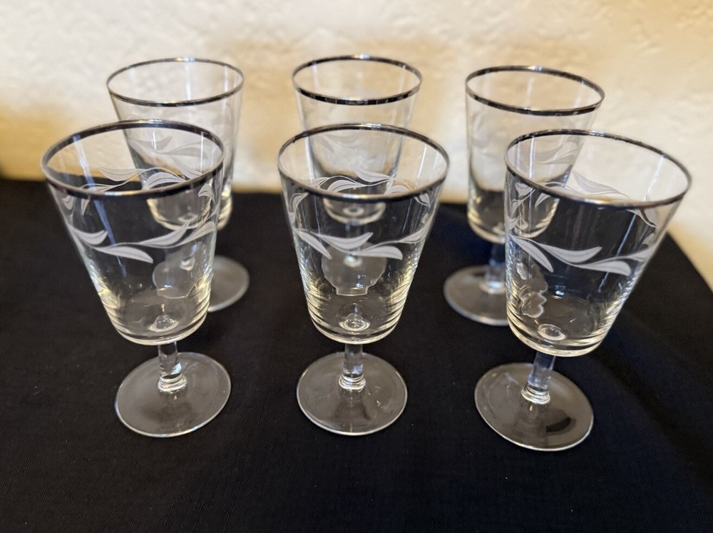 Mid Century Set of 6 Cristal D Arques Etched Laurel Leaf Goblets Platinum Rim