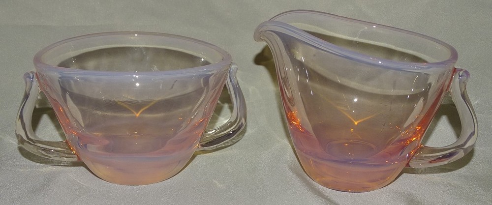Fostoria USA Seascape Large Cream & Sugar Set Coral Sand Mid Century Opalescent