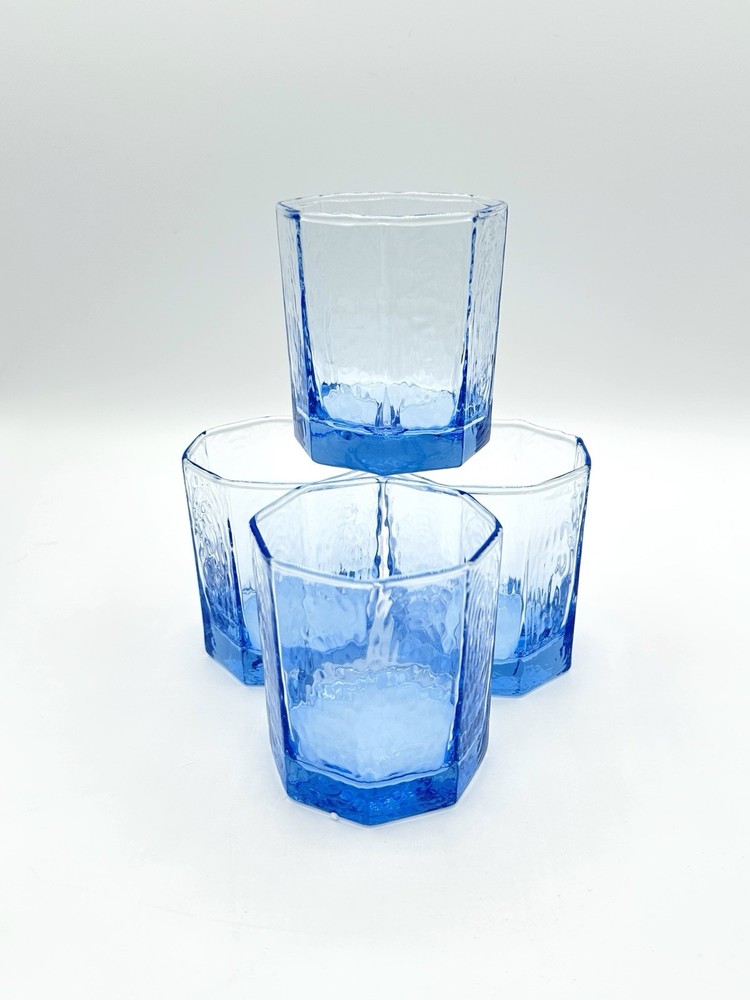 4 Libbey Facets Light Blue Old Fashioned Glasses Textured Octagon Tumblers EUC