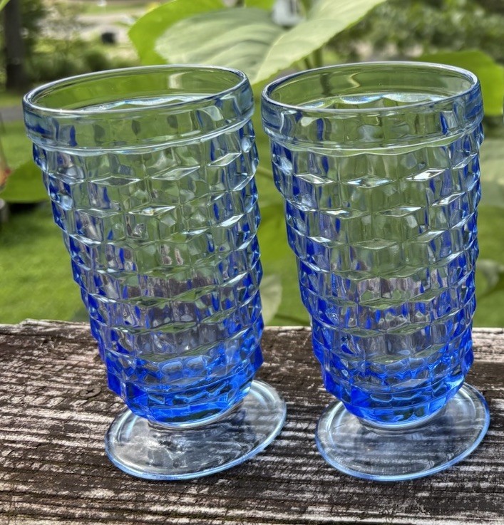 VINTAGE 2 Whitehall Fostoria Cubist American Ice Blue Footed Ice Tea Glasses