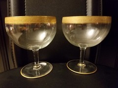 Large Crystal Ornate Gold Rim Wine Glasses 4 1/2″ d 5 1/2″ h Set of Two