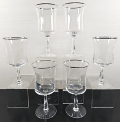 6 Noritake Rhythm Clear Water Goblets Set Vintage Platinum Trim Stemware Bar Lot