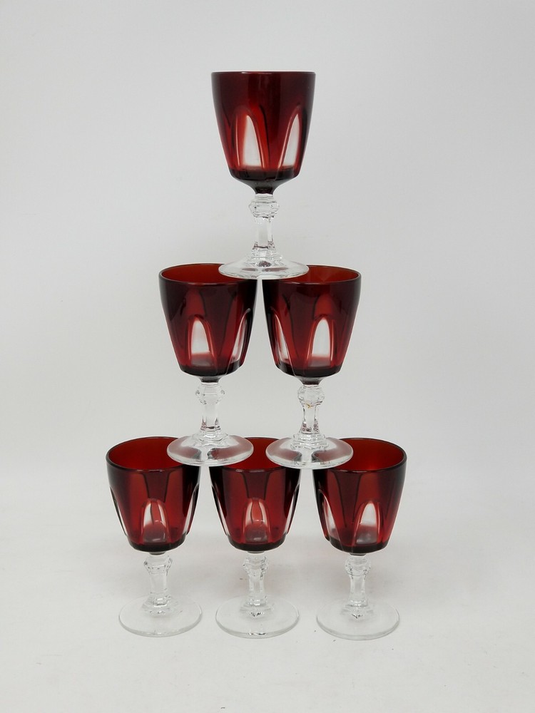 Set of 6 Vintage Cristal d’Arques Durand Gothic Ruby Red 3.25″ Wine/Shot Glasses
