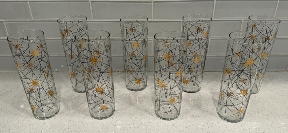 Set of 8 Tom Collins Cocktail Glasses Libbey Atomic Starburst Late 1950s MCM