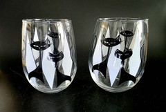 (574) NIB Retro Stemless Wine Glasses With Stylized MCM Atomic Era Cats Pair