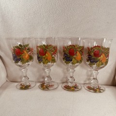 Set 4 Autumn Harvest Crystal Water/ Wine Goblets Handpainted Fruit Design 14 Oz