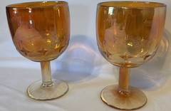 Pair VTG Indiana Glass/Carnival Glass Iridescent Amber Gold/Marigold Goblets 6”H