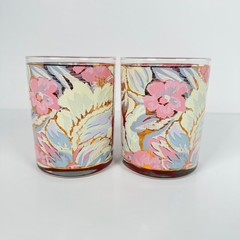 CULVER 22k Gold Pink White Blue Florals «Tapestry» Whiskey Rocks DOF Glasses 2