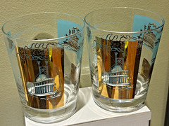 SET OF 2 VTG Gold/Aqua Riverboat Old Fashioned Glasses Libbey Southern MCM