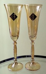 Set (2) FRANCO Creazioni Amber Crystal Champagne Glasses w/ Gold Tiles (Italy)