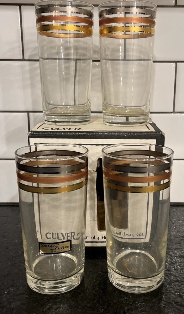 Vintage Culver High Ball Glasses 12oz Triple Crown Set 4 22k Gold Stripe New