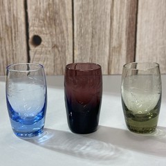 Hand Blown Art Glass Cordial Shot Glasses Set of 3 Blue Purple Green Etched