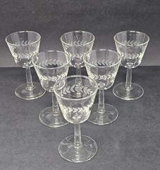 Set Of 6 Vintage Etched Gray Cut Laurel Cordial Liquor Glasses