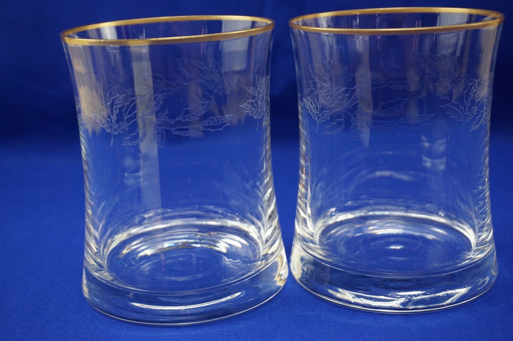 Lenox Holiday Etched Holly (2) Double Old Fashioned Glasses, 4 1/8″