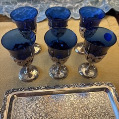 6 Vintage Cobalt Blue Glass, Silverplated Art Deco Base, Cordial Glasses 3 1/2”